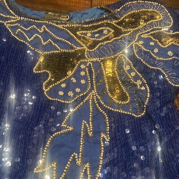 Vintage 80s Jean for Joseph Le Bon Sequin Silk Formal Top Royal Blue & Gold XL - Picture 4 of 11